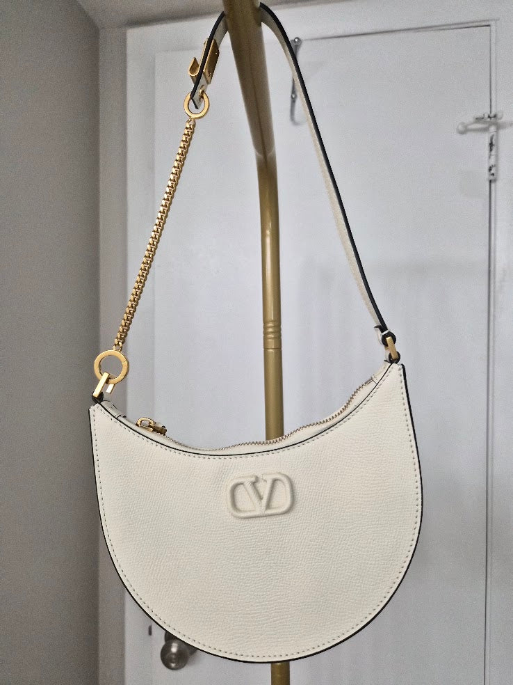Valentino Garavani VLogo Signature Mini Hobo Bag in Grainy Calfskin Light Ivory