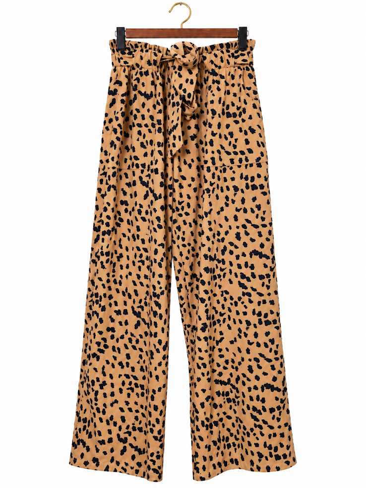 Wollence High-Rise Paperbag Waist Belted Cheetah Palazzo Pants size- Large