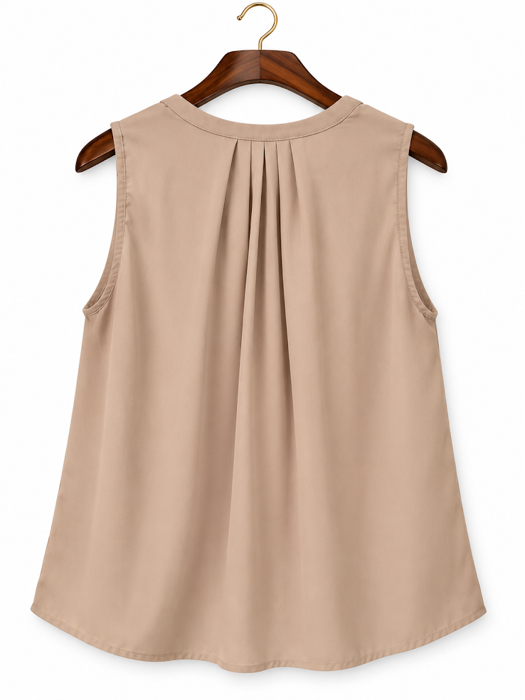Violet & Claire Taupe Pleated Split-Neck Sleeveless Blouse - Small
