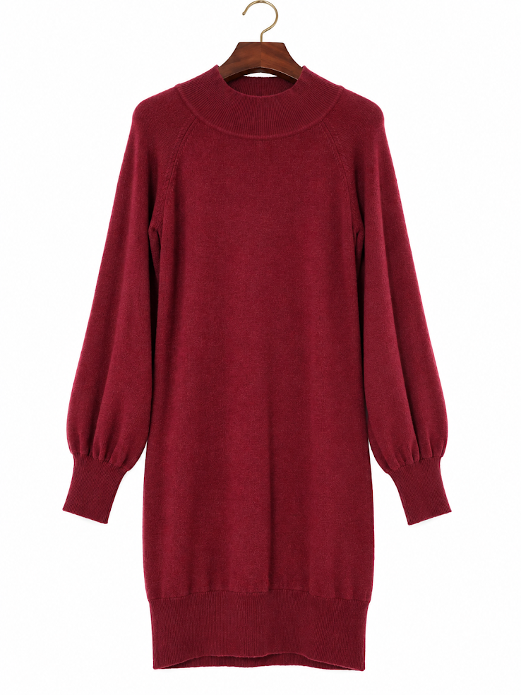 GRECERELLE Burgundy Wine Red Mock Neck Balloon Sleeve Sweater Dress - S