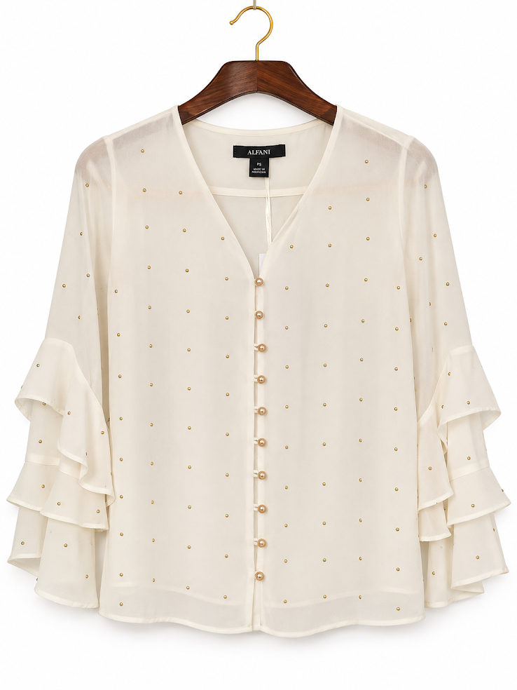 Alfani Cream Studded Embellished Tiered Ruffle Sleeve Blouse - PS