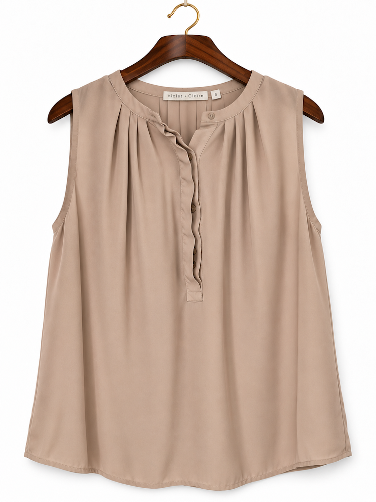 Violet & Claire Taupe Pleated Split-Neck Sleeveless Blouse - Small