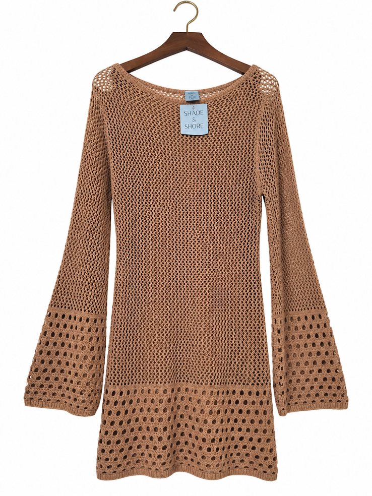 Shade & Shore Tan Crochet Open-Knit Bell Sleeve Cover-Up Dress - M