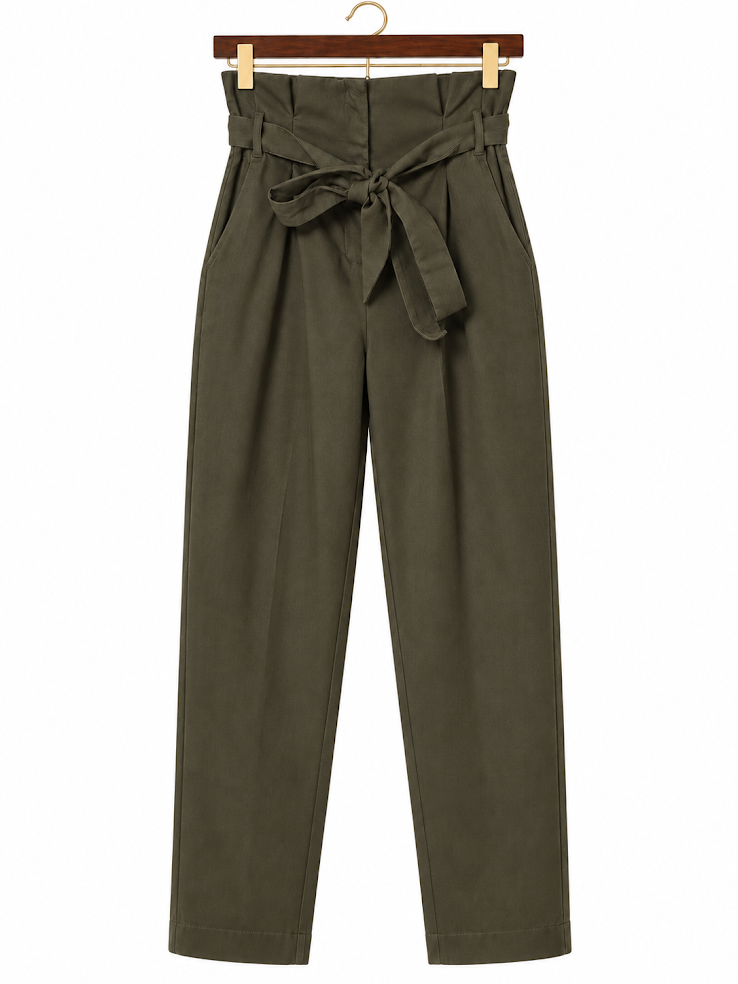 Windsor High-Rise Paperbag Belted Wide-Leg Trousers in Olive Green- size medium
