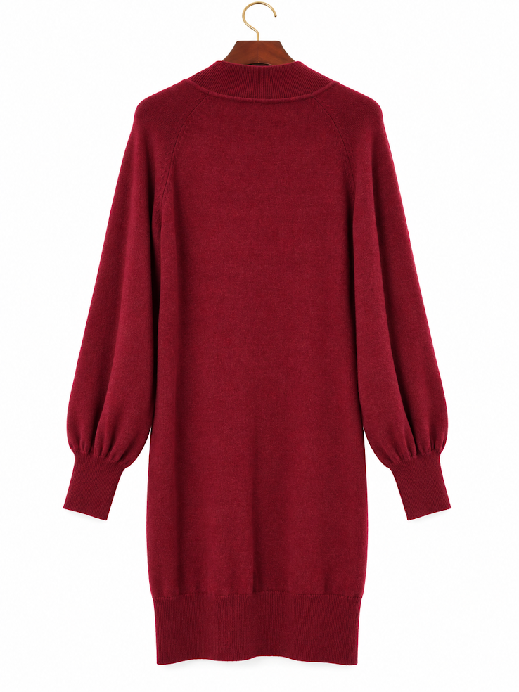 GRECERELLE Burgundy Wine Red Mock Neck Balloon Sleeve Sweater Dress - S