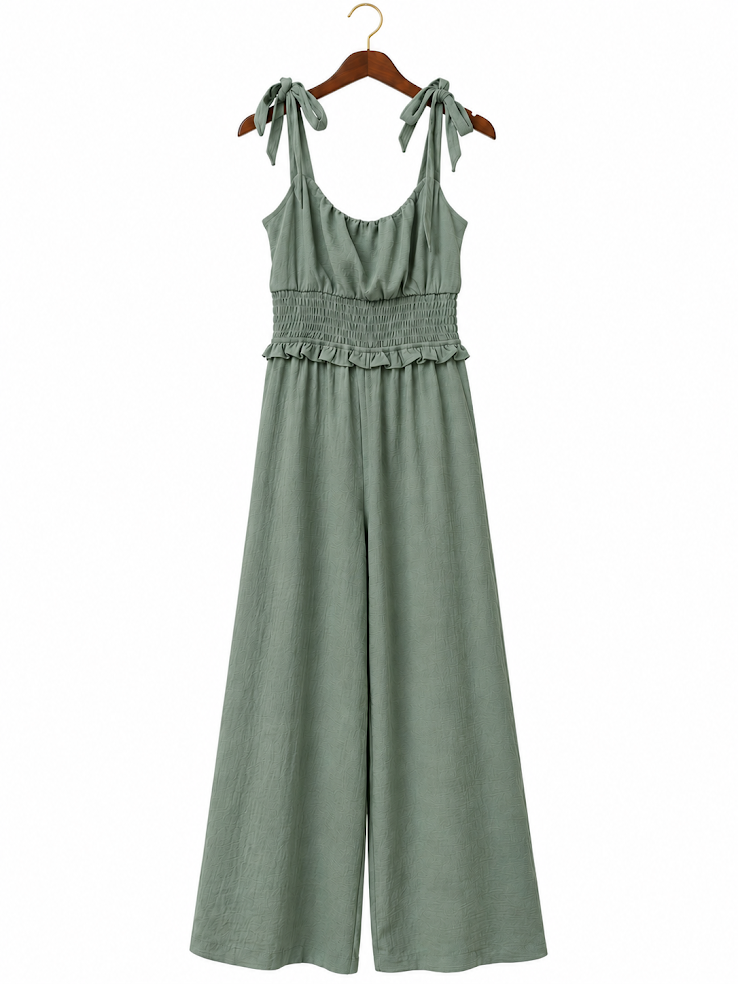 Monteau Los Angeles Tie-Shoulder Smocked Wide-Leg Jumpsuit - Sage Green (Small)