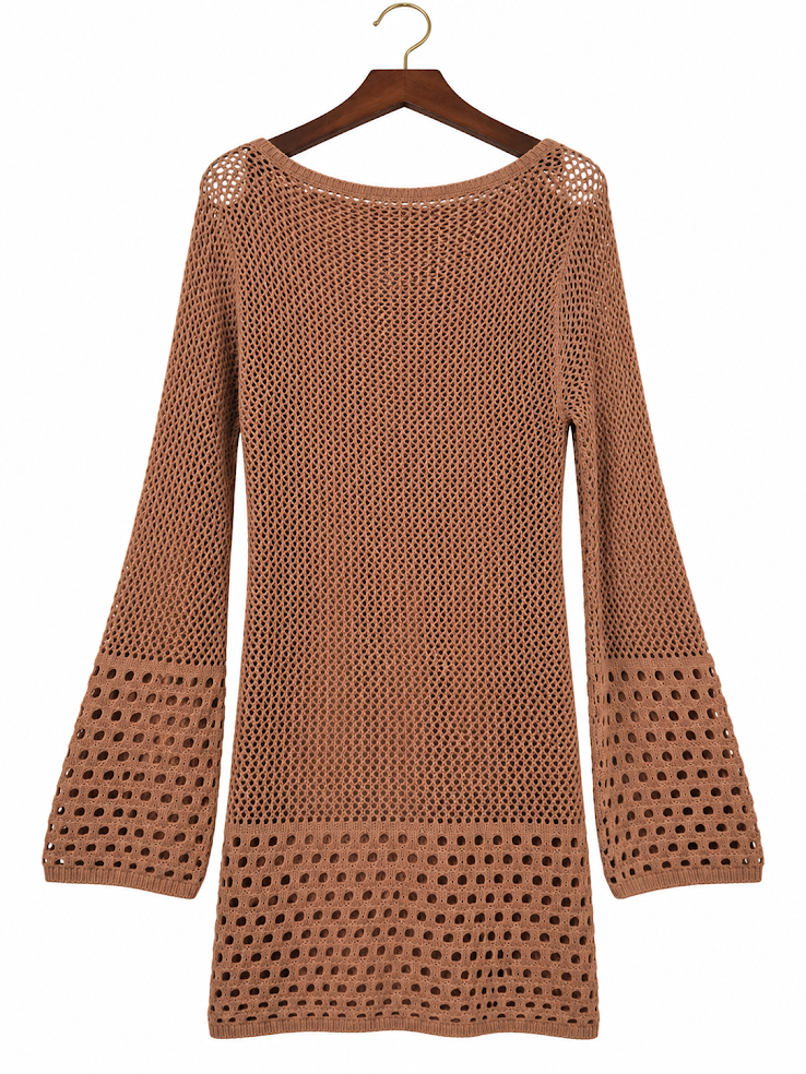Shade & Shore Tan Crochet Open-Knit Bell Sleeve Cover-Up Dress - M