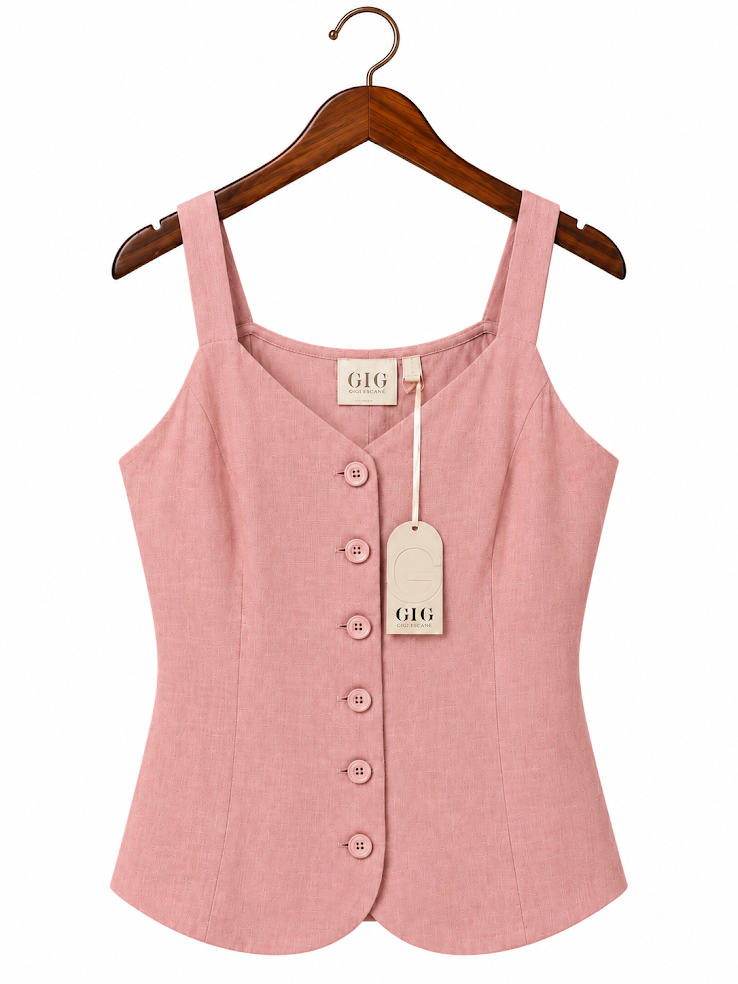 GIG Tailored High-Rise Button-Front Belted Linen-Blend Vest Top in Dusty Rose size large