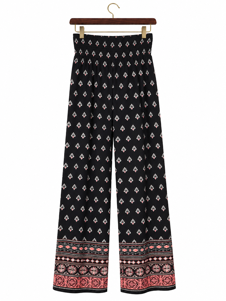 Zac & Rachel Black Pink Geometric Wide Leg Palazzo Pants Smocked -Size M