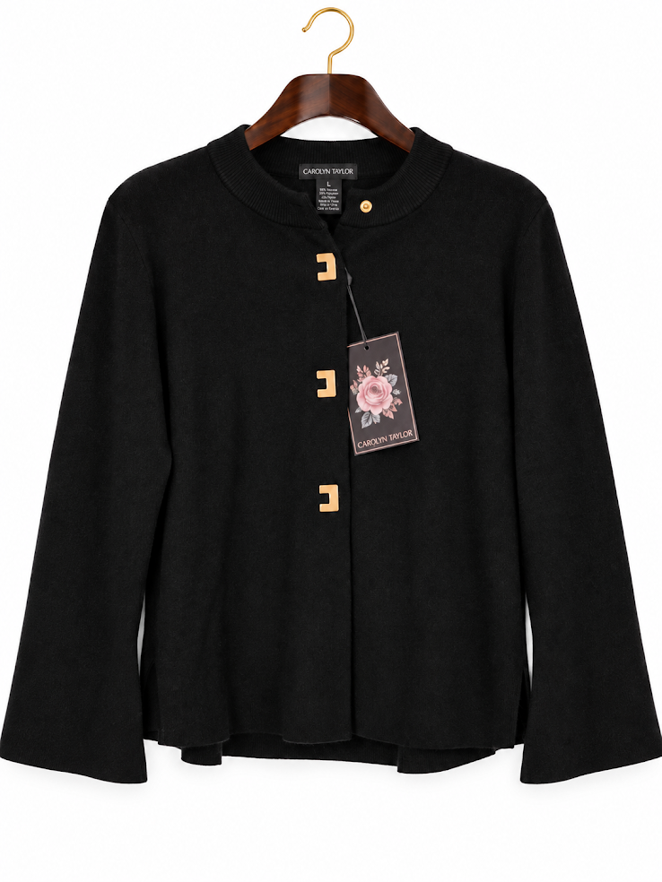 Carolyn Taylor Black Knit Square Button Cardigan - L