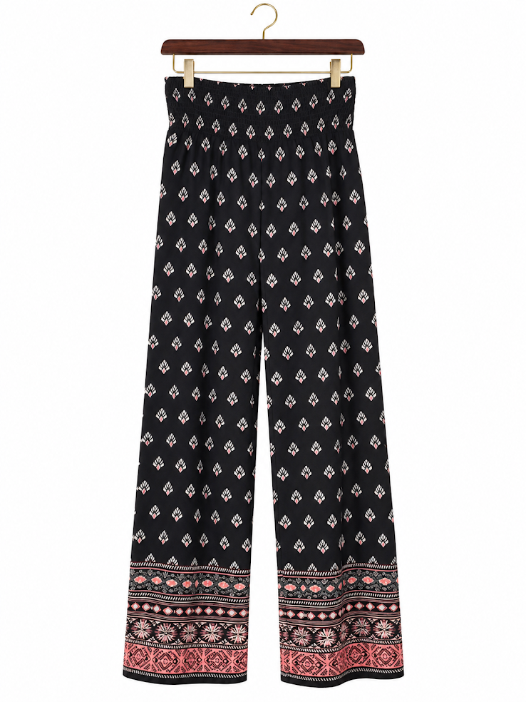 Zac & Rachel Black Pink Geometric Wide Leg Palazzo Pants Smocked -Size M