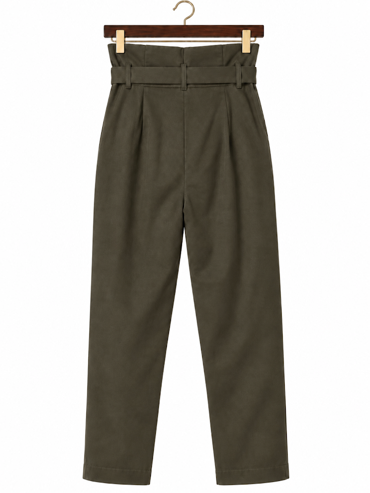 Windsor High-Rise Paperbag Belted Wide-Leg Trousers in Olive Green- size medium