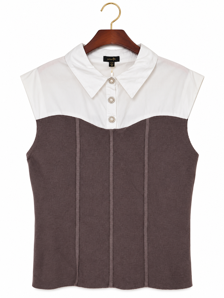 On Twelfth Colorblock Collared Rhinestone Button Knit Top - 2X