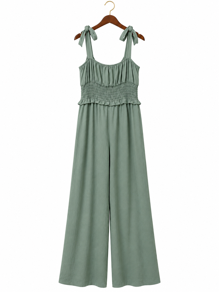 Monteau Los Angeles Tie-Shoulder Smocked Wide-Leg Jumpsuit - Sage Green (Small)