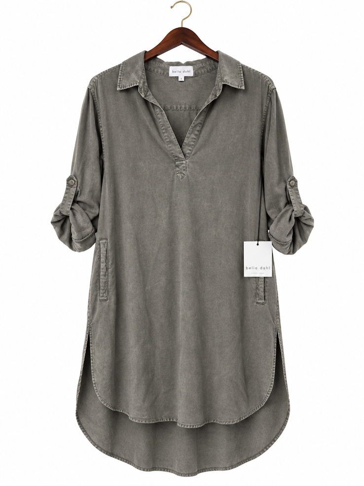 Bella Dahl Tencel A-Line Rolled-Tab Sleeve Shirt Dress - Large
