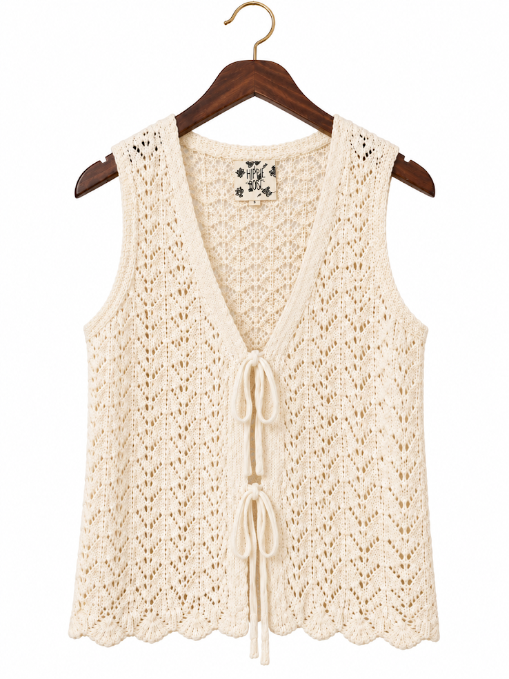 Hippie Rose Cream Boho Open Open-Knit Tie-Front Vest Sweater - S