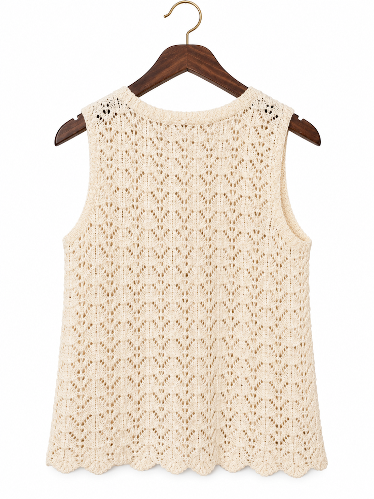 Hippie Rose Cream Boho Open Open-Knit Tie-Front Vest Sweater - S