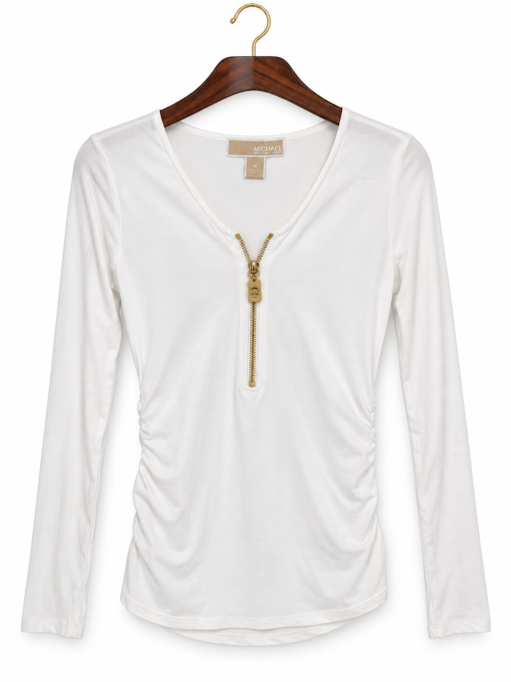 Michael Kors White Ruched Gold Zipper Long Sleeve Top - M