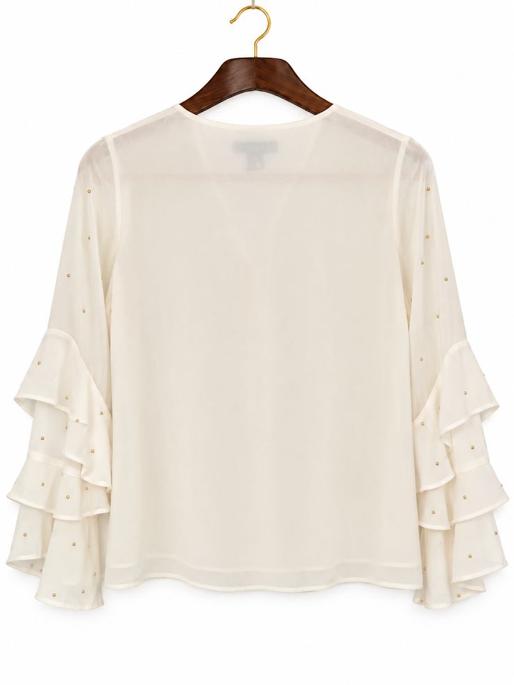 Alfani Cream Studded Embellished Tiered Ruffle Sleeve Blouse - PS