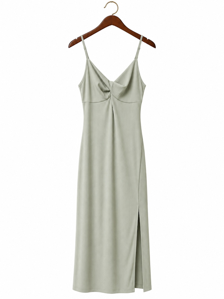 Poof New York Ribbed Twist-Front Cami Maxi Dress with Side Slit - Sage Green (Medium)