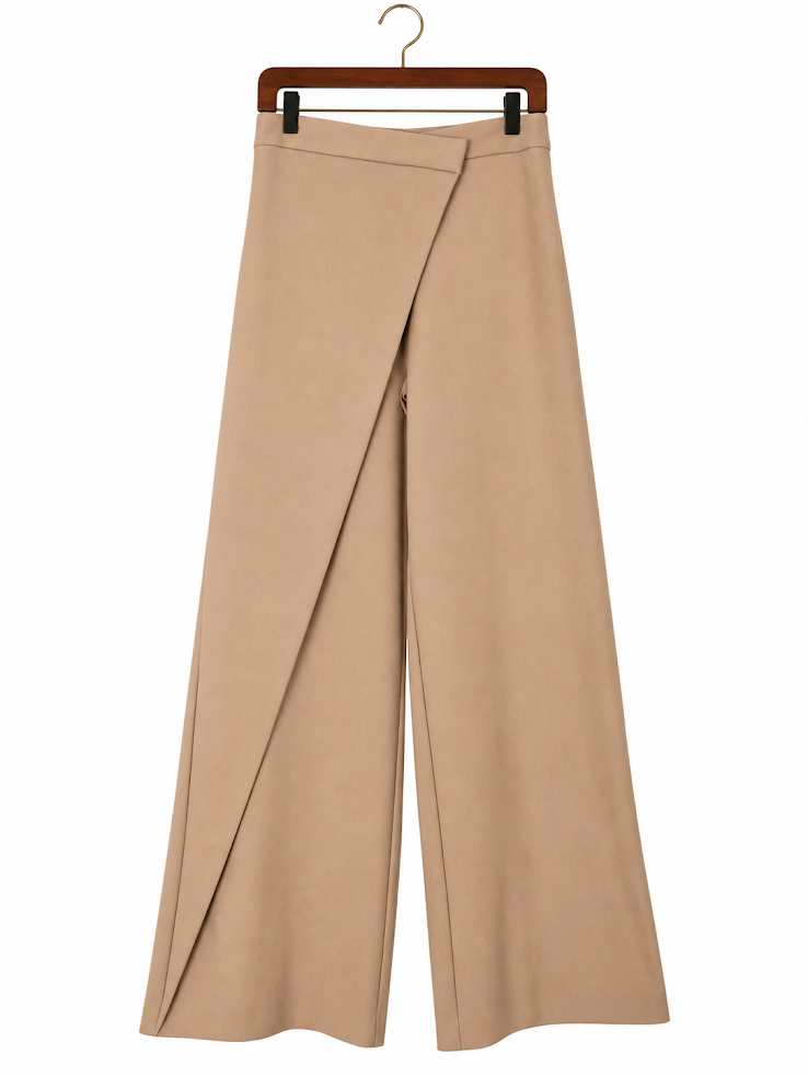 Zara Asymmetrical Mock-Wrap High-Rise Wide-Leg Trousers in Camel Neutral size- xs