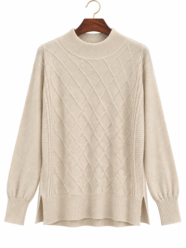 Briggs Champagne Gold Metallic Shimmer Diamond Knit Sweater - L