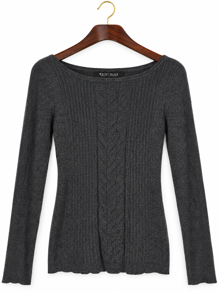 White House Black Market Charcoal Ribbed Cable Knit Boatneck Sweater - XS