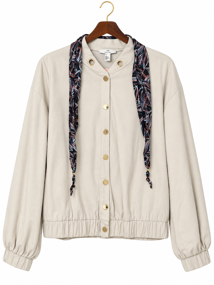 H Halston Calvary Twill Bomber Jacket with Removable Scarf - L