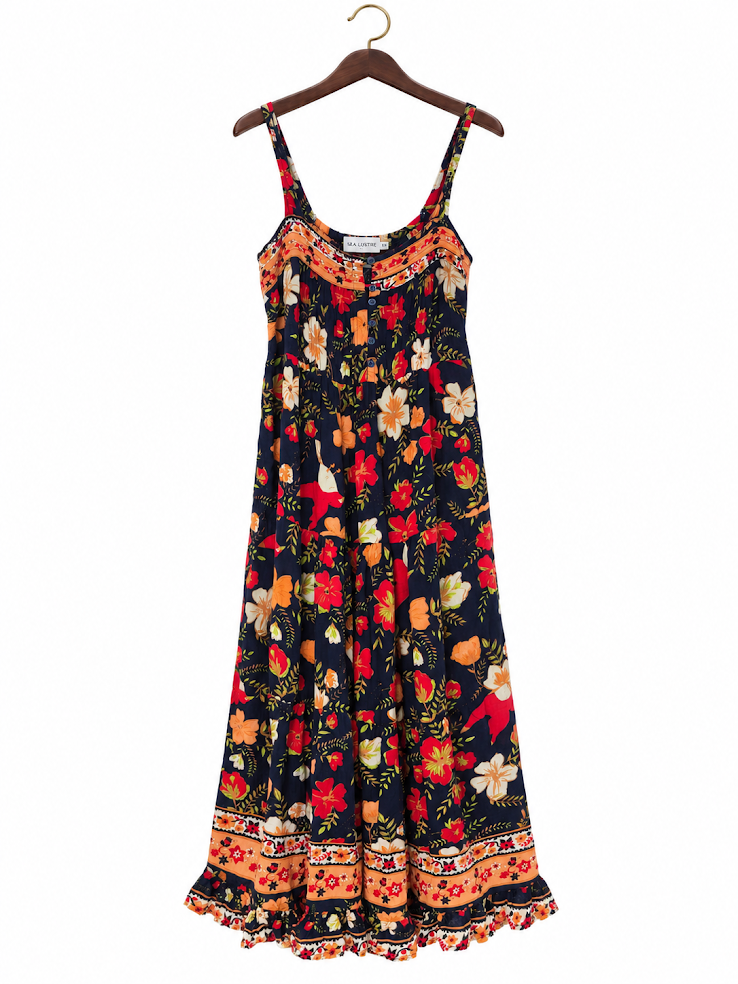 Sea Lustre Navy Bold Floral Smocked Button-Front Maxi Dress - S/M