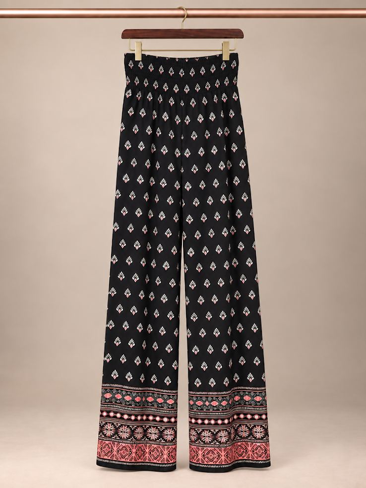 Zac & Rachel Black Pink Geometric Wide Leg Palazzo Pants Smocked -Size M