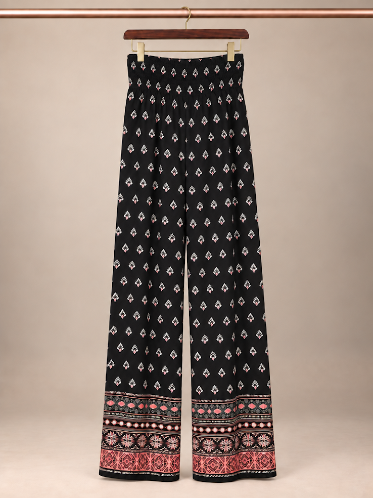 Zac & Rachel Black Pink Geometric Wide Leg Palazzo Pants Smocked -Size M