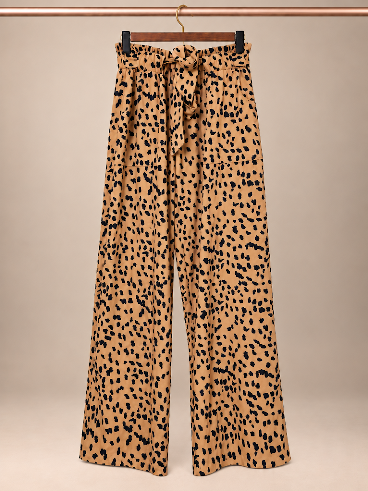Wollence High-Rise Paperbag Waist Belted Cheetah Palazzo Pants size- Large