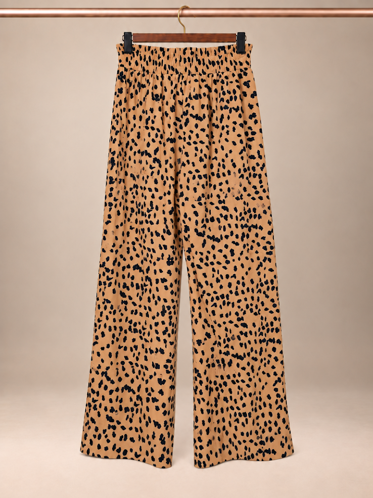 Wollence High-Rise Paperbag Waist Belted Cheetah Palazzo Pants size- Large