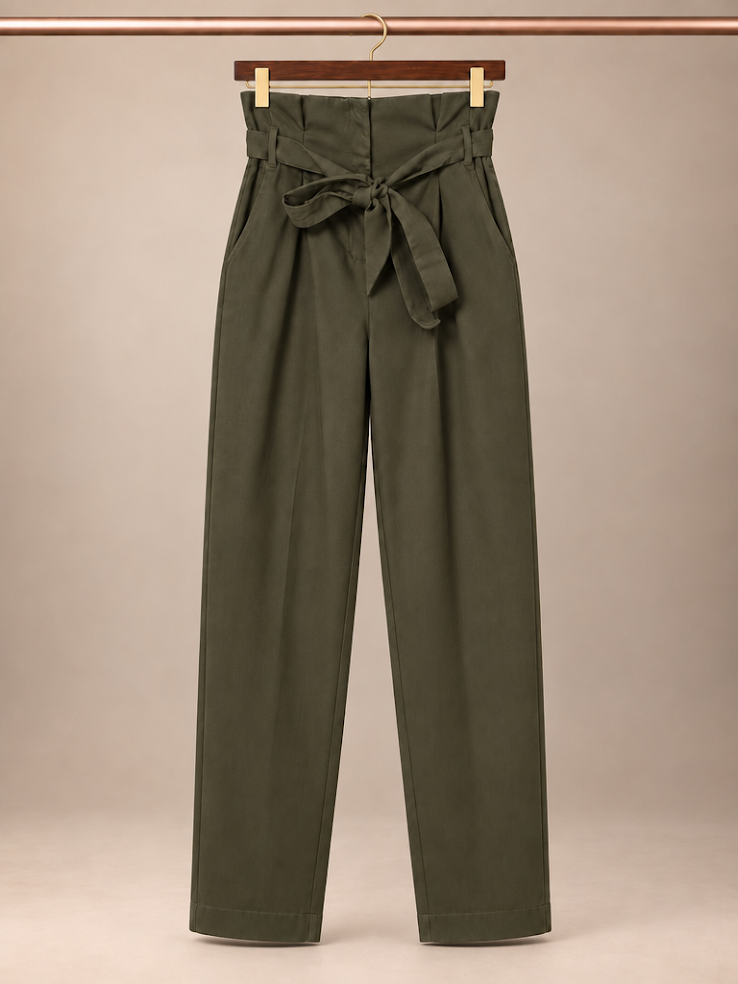 Windsor High-Rise Paperbag Belted Wide-Leg Trousers in Olive Green- size medium