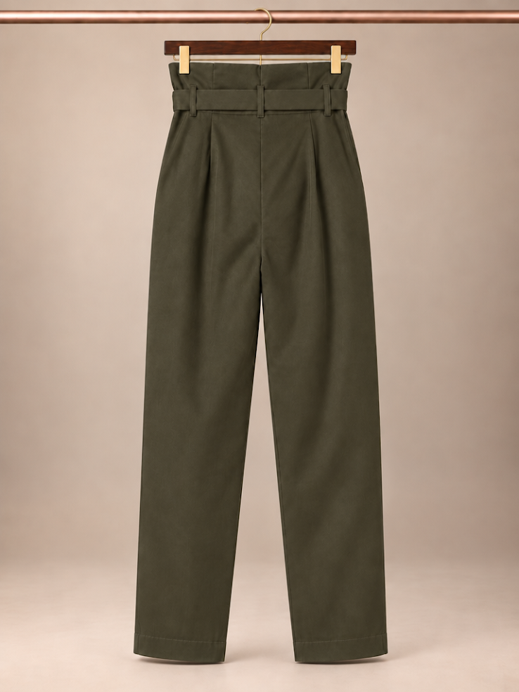 Windsor High-Rise Paperbag Belted Wide-Leg Trousers in Olive Green- size medium