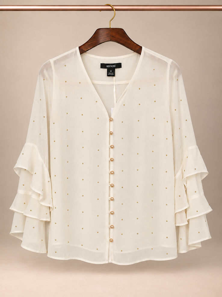 Alfani Cream Studded Embellished Tiered Ruffle Sleeve Blouse - PS