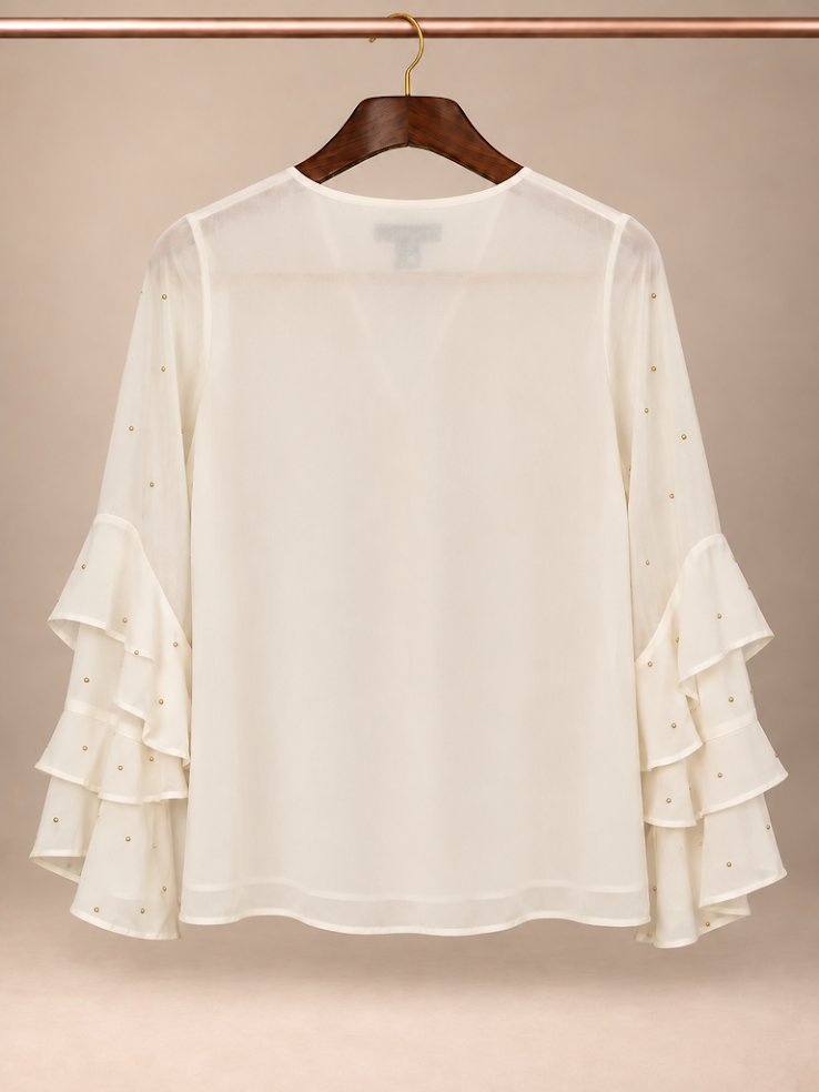Alfani Cream Studded Embellished Tiered Ruffle Sleeve Blouse - PS