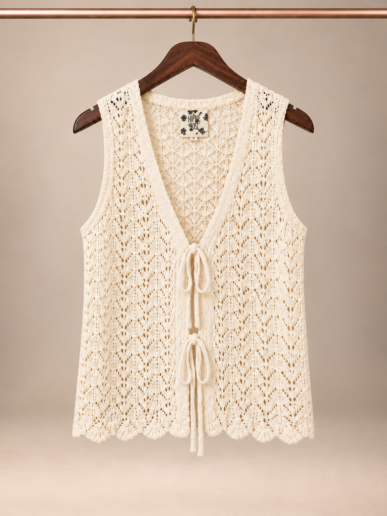 Hippie Rose Cream Boho Open Open-Knit Tie-Front Vest Sweater - S