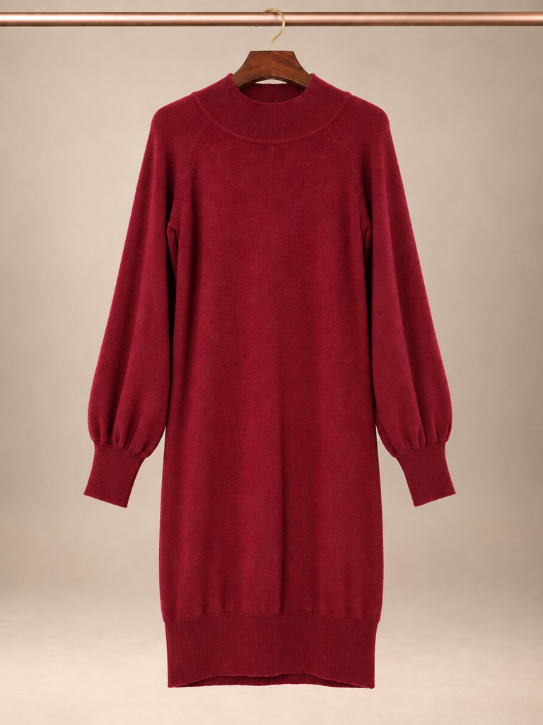 GRECERELLE Burgundy Wine Red Mock Neck Balloon Sleeve Sweater Dress - S