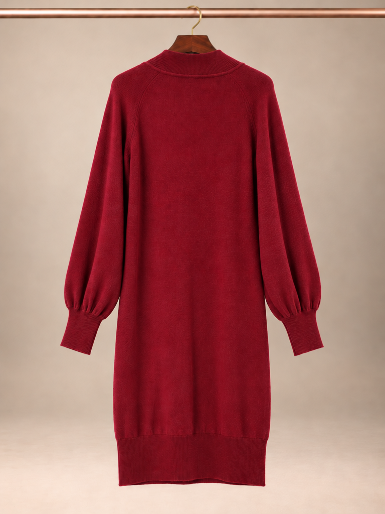 GRECERELLE Burgundy Wine Red Mock Neck Balloon Sleeve Sweater Dress - S