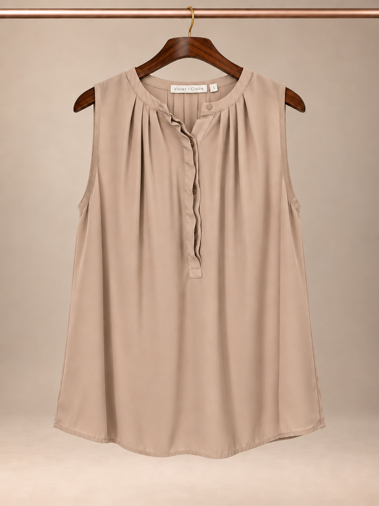Violet & Claire Taupe Pleated Split-Neck Sleeveless Blouse - Small