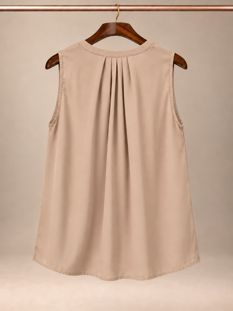 Violet & Claire Taupe Pleated Split-Neck Sleeveless Blouse - Small