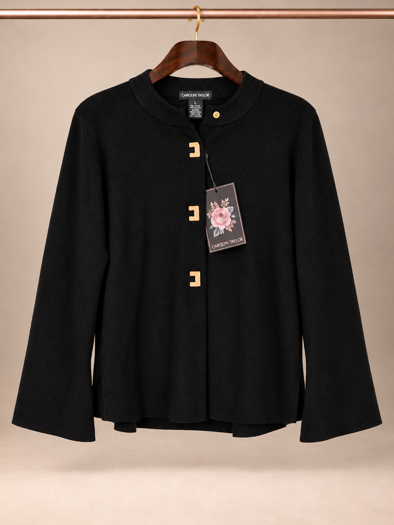Carolyn Taylor Black Knit Square Button Cardigan - L