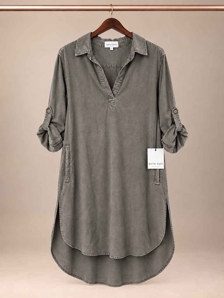 Bella Dahl Tencel A-Line Rolled-Tab Sleeve Shirt Dress - Large