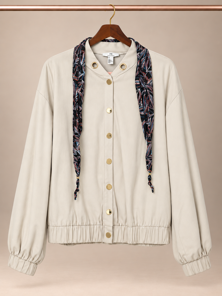 H Halston Calvary Twill Bomber Jacket with Removable Scarf - L