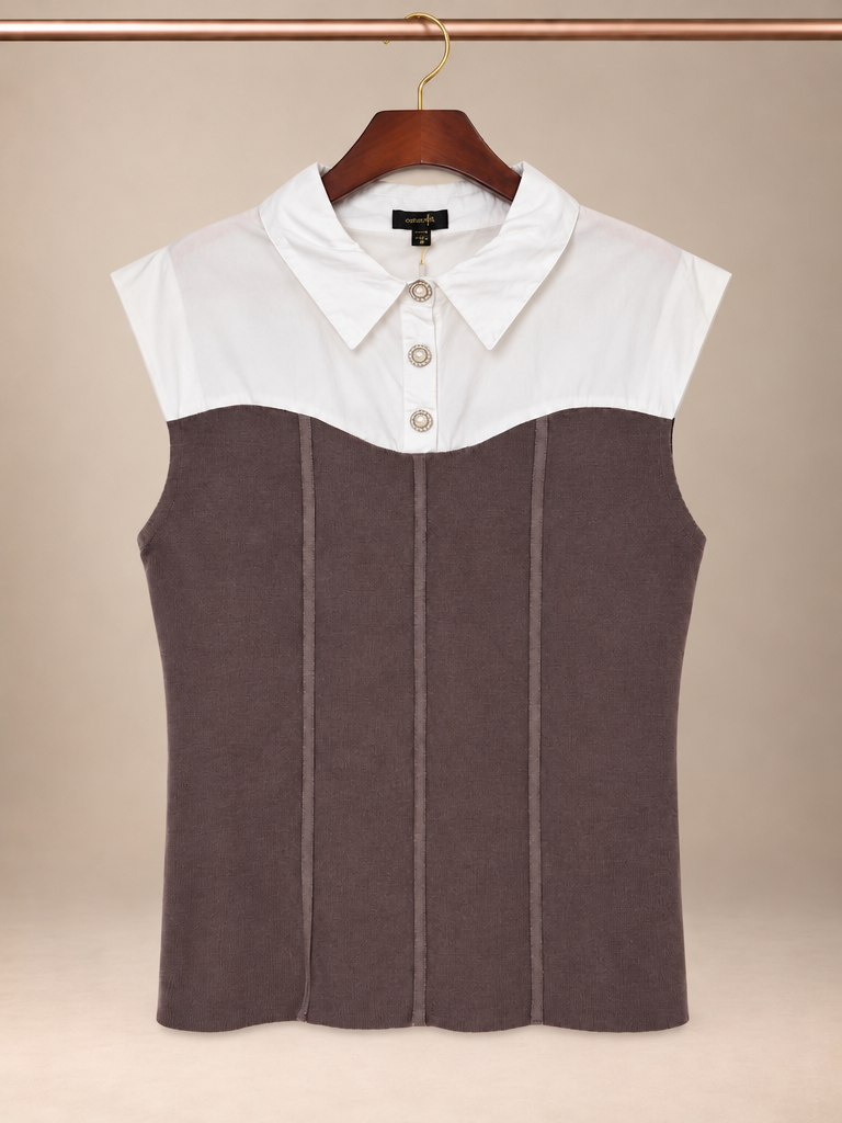 On Twelfth Colorblock Collared Rhinestone Button Knit Top - 2X