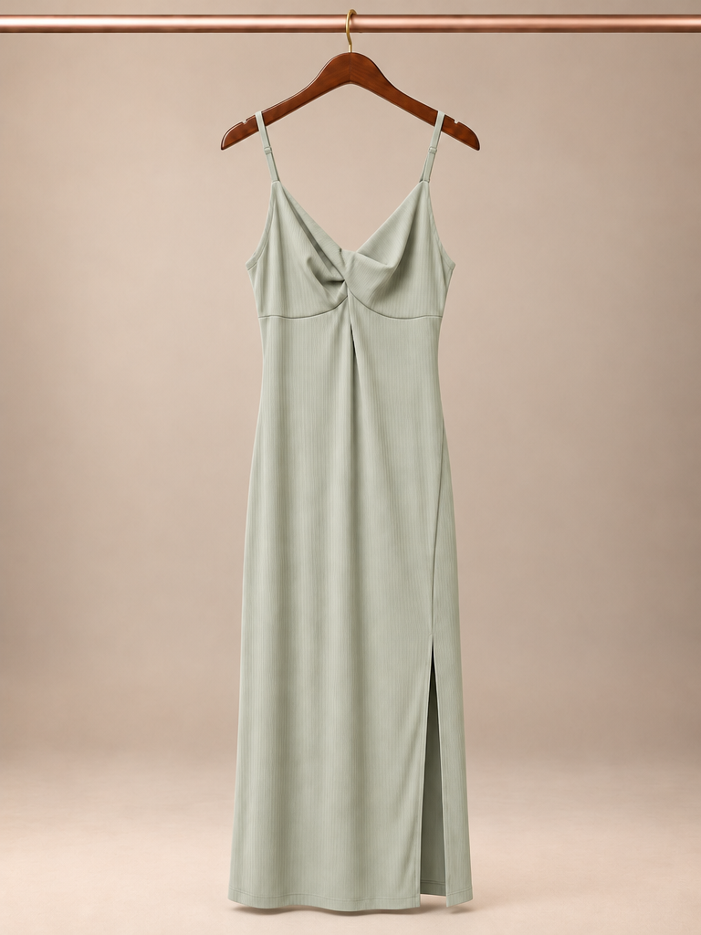 Poof New York Ribbed Twist-Front Cami Maxi Dress with Side Slit - Sage Green (Medium)