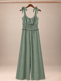 Monteau Los Angeles Tie-Shoulder Smocked Wide-Leg Jumpsuit - Sage Green (Small)