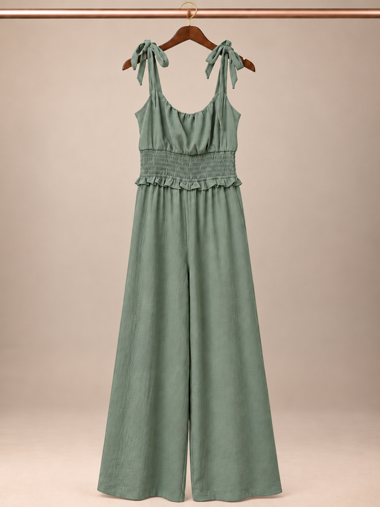 Monteau Los Angeles Tie-Shoulder Smocked Wide-Leg Jumpsuit - Sage Green (Small)