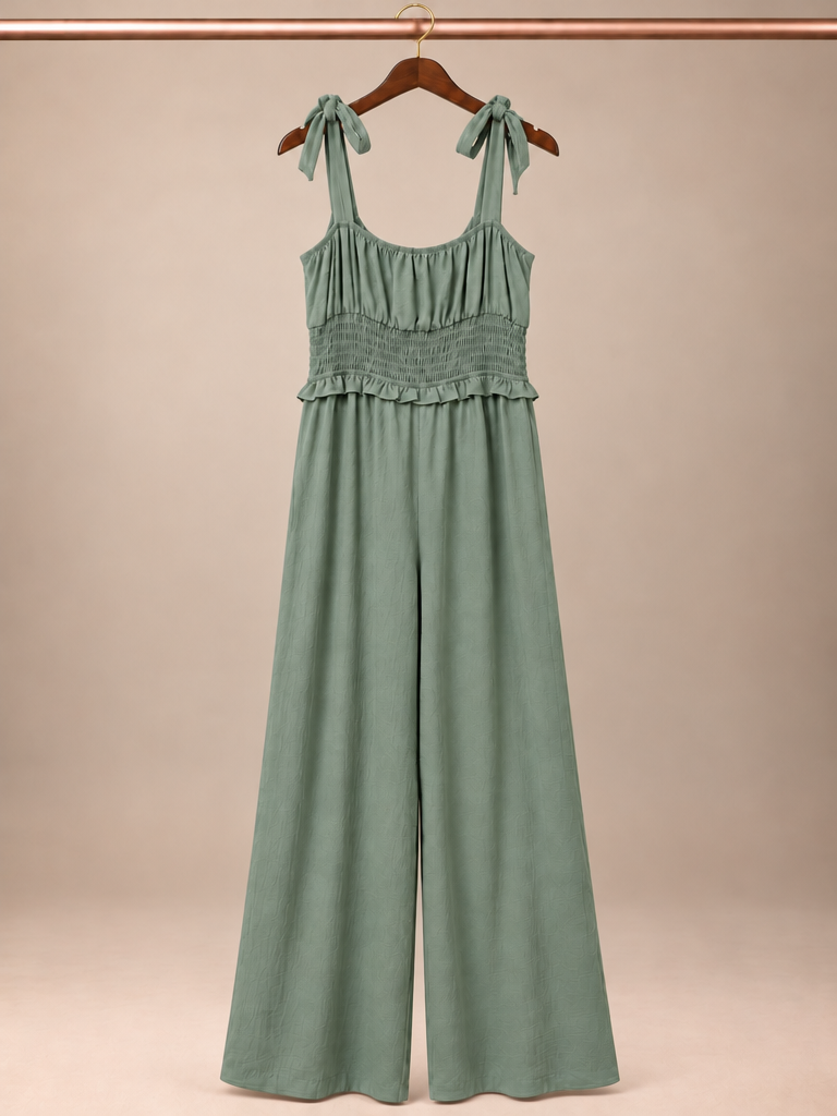 Monteau Los Angeles Tie-Shoulder Smocked Wide-Leg Jumpsuit - Sage Green (Small)